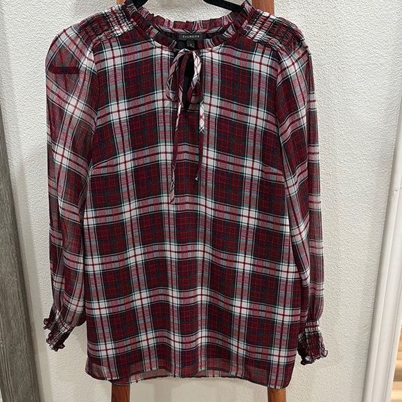 Talbots Red and White Smocked Tie Front Blouse - Picture 3 of 5